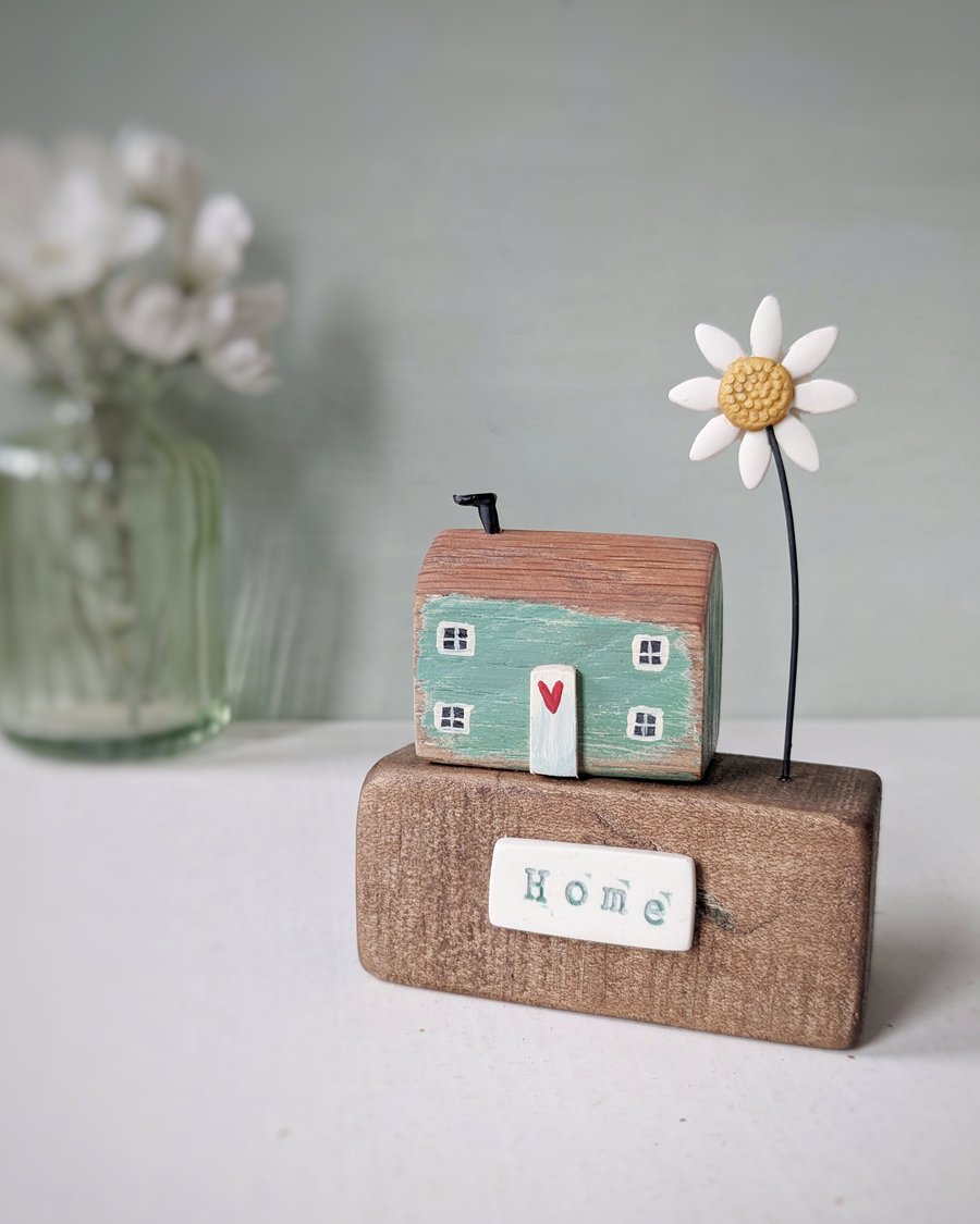 Little Wooden Cottage with Clay Daisy 'Home'