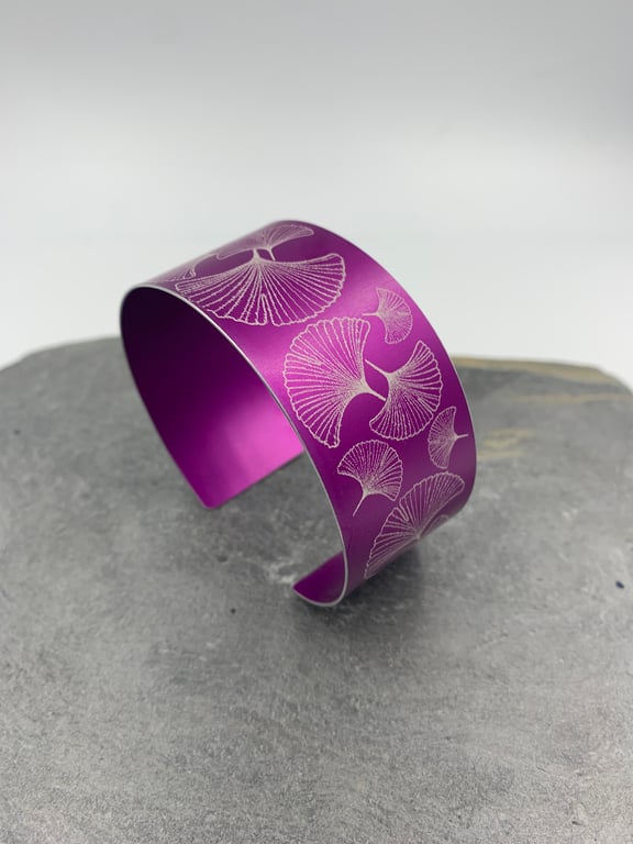 Anodised aluminium ginkgo leaf cuff in dark pink