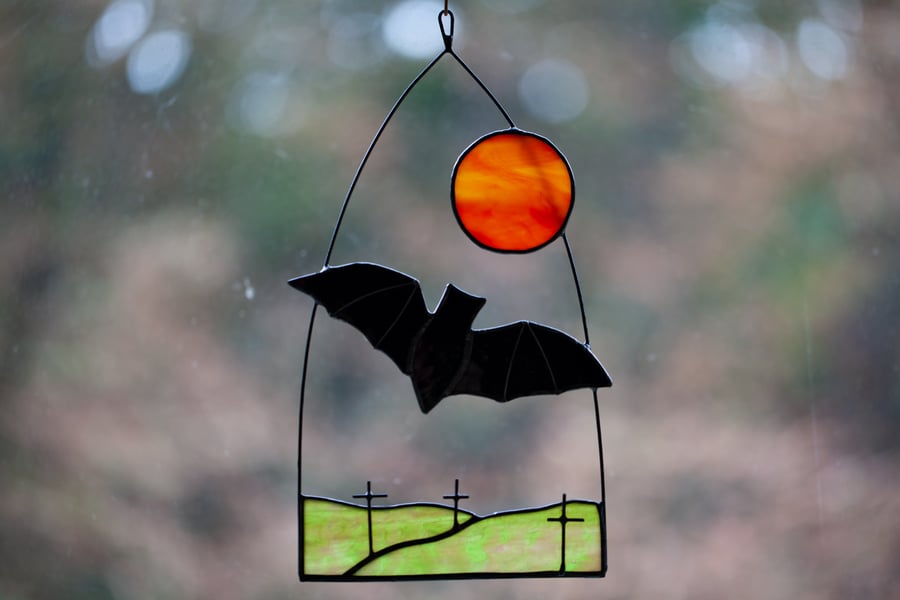 Graveyard bat Halloween stained glass suncatcher window hanging