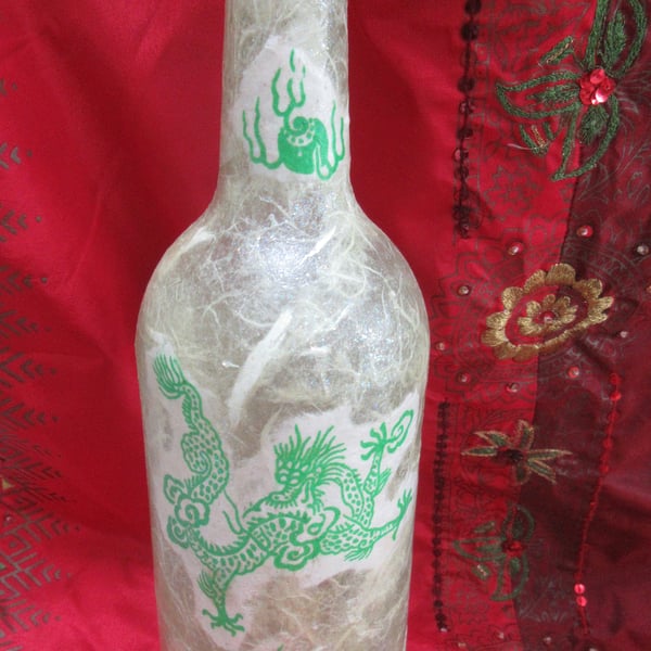 Bottle decoupaged in handprinted red Green dragons - available with lights