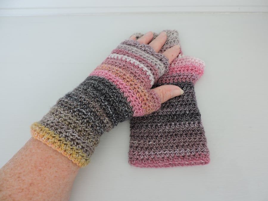 Fingerless Mitts   Mismatched Pink  Apricot and Grey