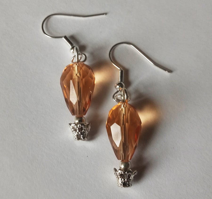 Amber Orange Crystal Hot Air Balloon Drop Dangle Earrings Silver Plate 