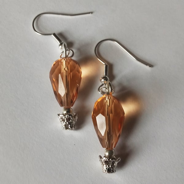 Amber Orange Crystal Hot Air Balloon Drop Dangle Earrings Silver Plate 
