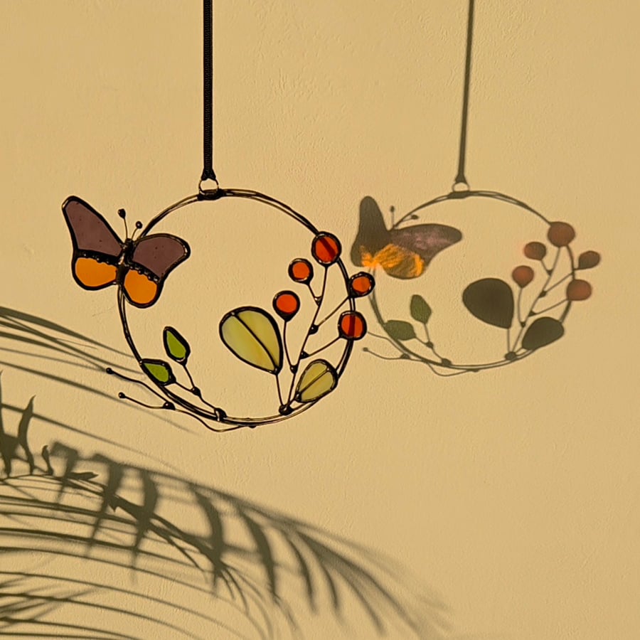 Folk Flower and Butterfly Stained Glass Mini Wreath  Wall and Window Hanging