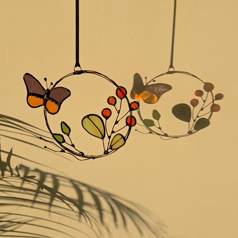Folk Flower and Butterfly Stained Glass Mini Wreath  Wall and Window Hanging
