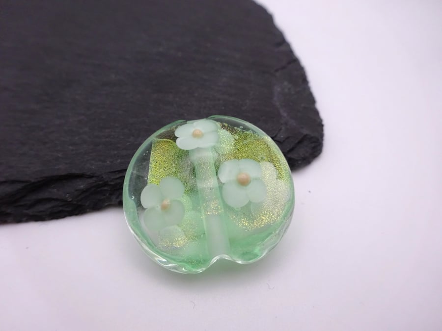 lampwork glass bead, green dichroic flower focal