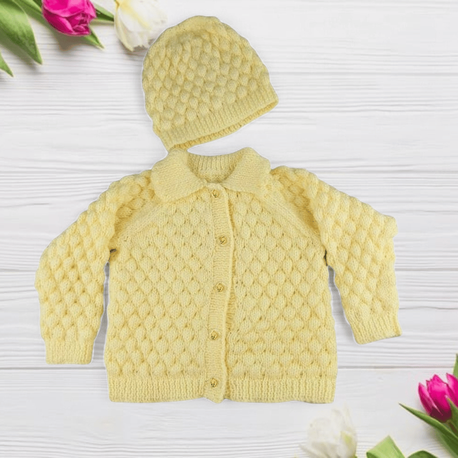 Hand Knitted Lemon Baby Cardigan and Hat Set 9 to 18 Months Baby Gift