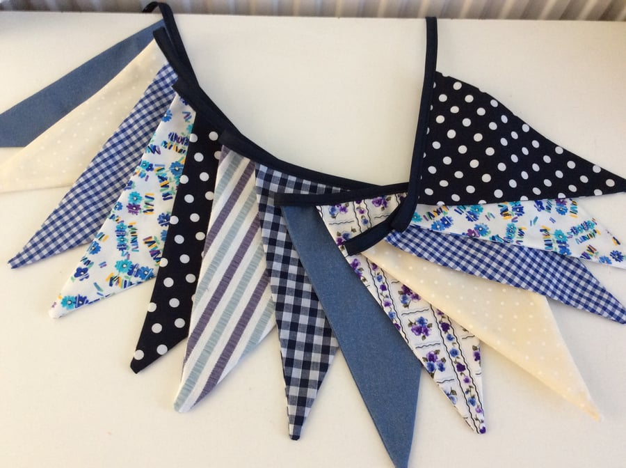 Bunting - 12 flags 8ft long with ties, cream and vintage blues