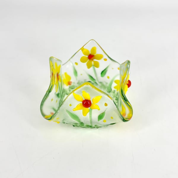 Fused Glass Daffodil Tea Light Holder 