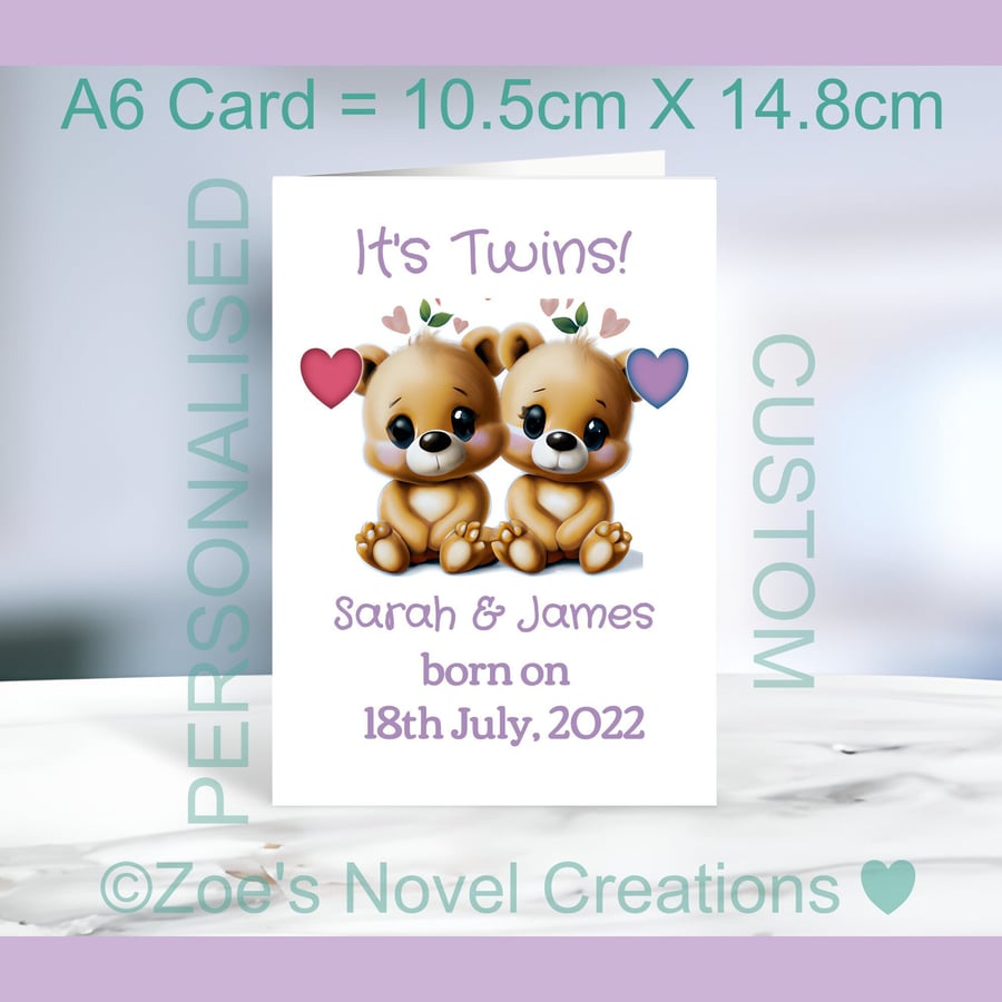 Baby Twin Bears Greetings Card, personalised, A6 10.5cm x 14.8cm