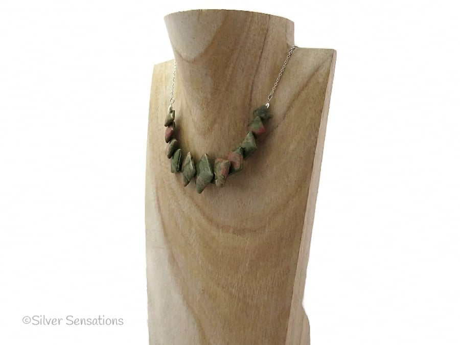 Pink & Green Unakite Flat Square "Diamond" Beads & Sterling Silver Chain Necklac