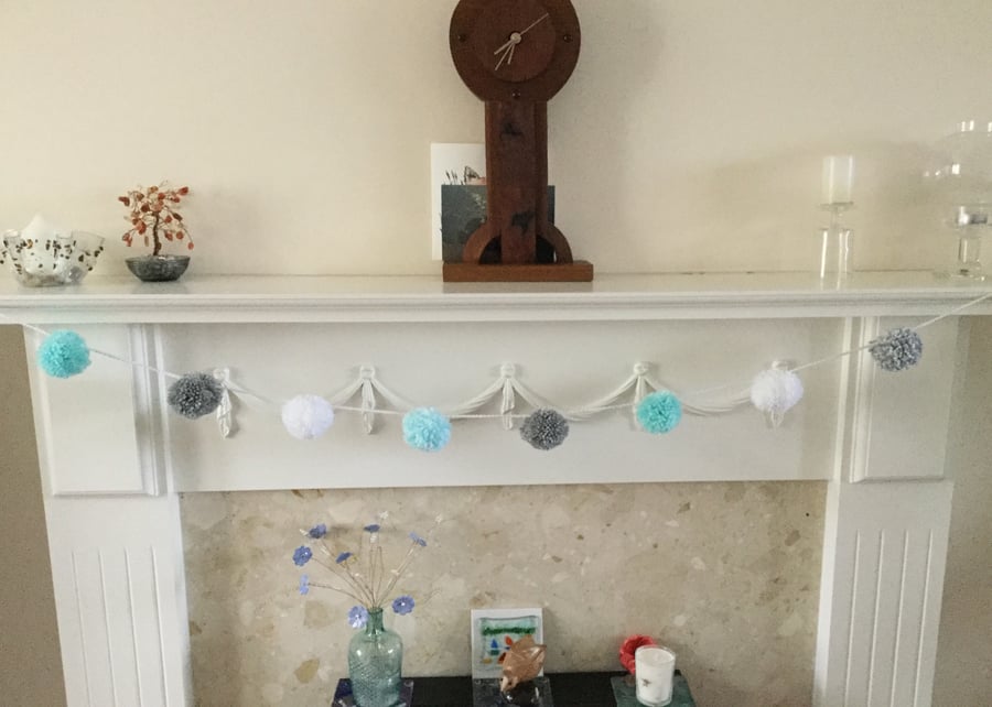 Pompom Garland in Mint, Grey and White