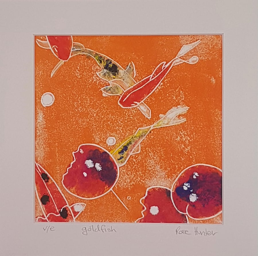 Goldfish - original hand painted lino print 004