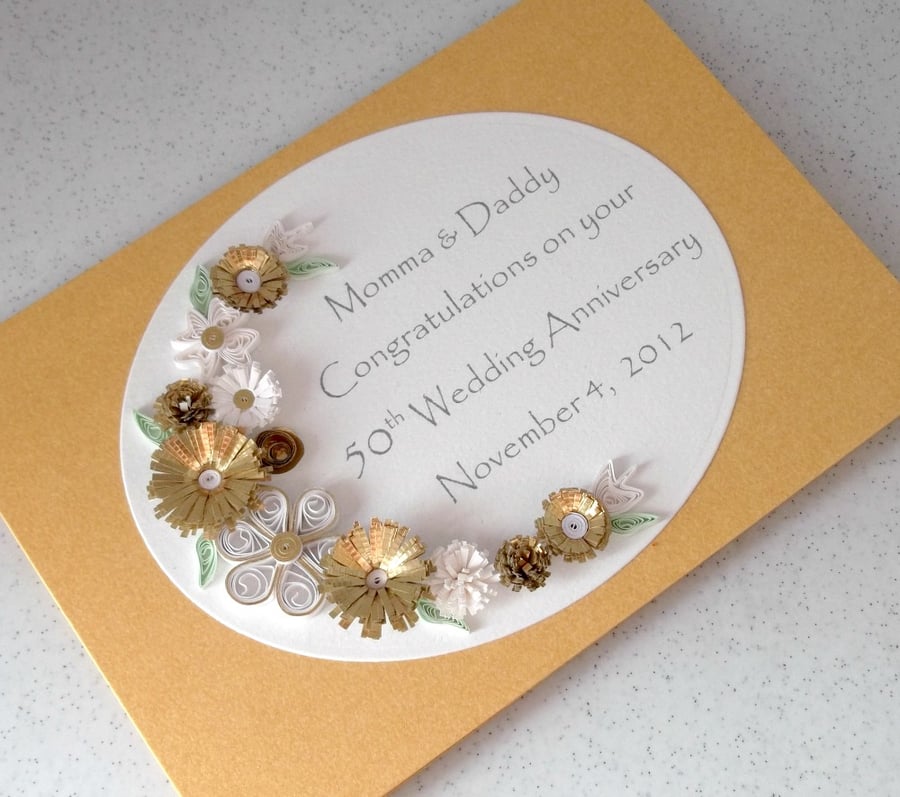 Quilled 50th golden wedding anniversary card, handmade, paper quilling