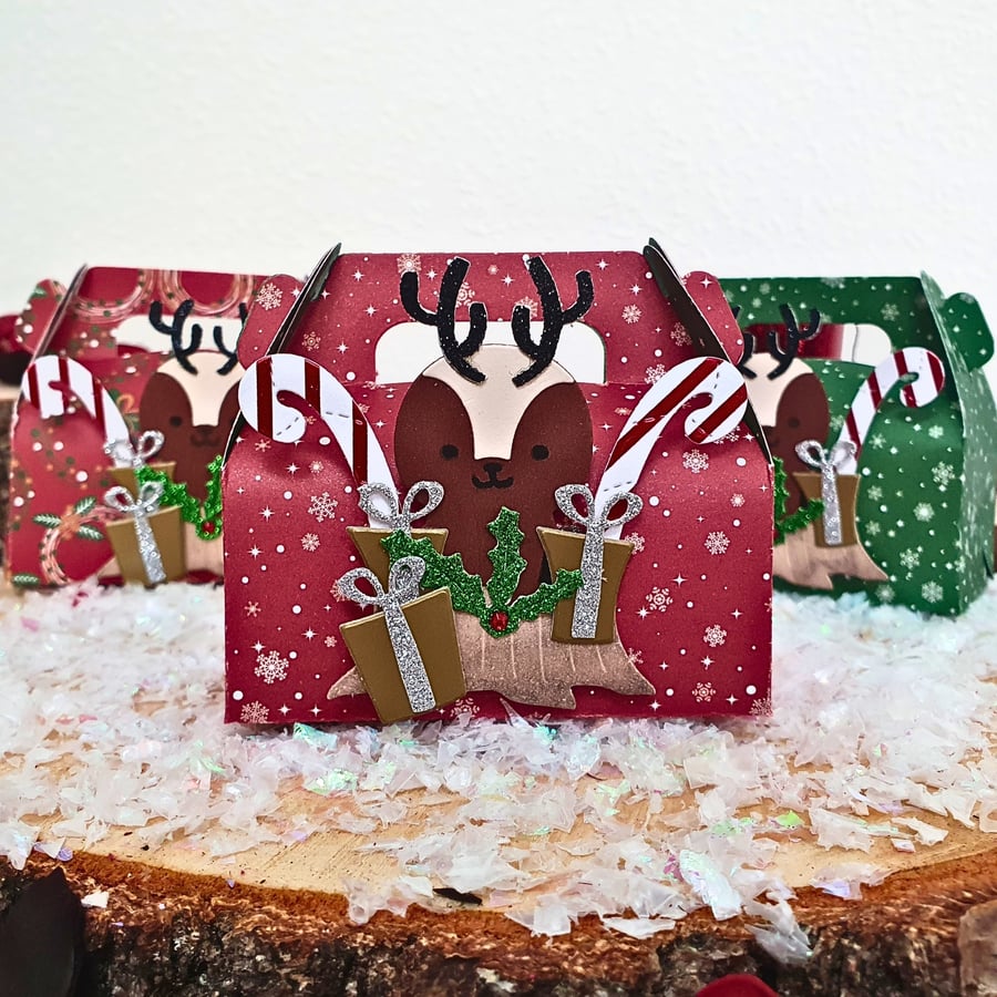 5 Reindeer Christmas Favour Boxes, Small Christmas Themed Gift Box, Gable Box