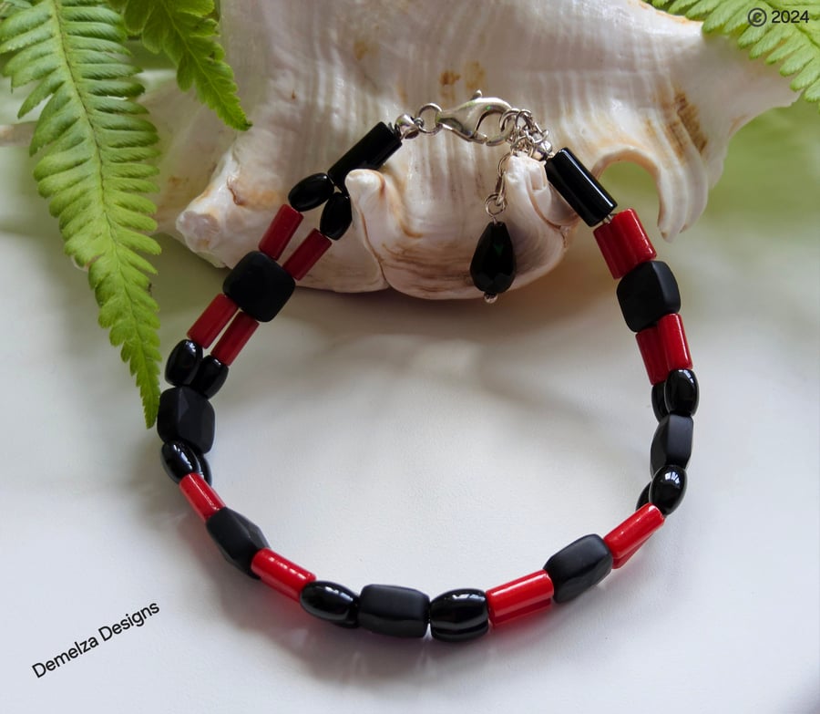 Red Bamboo Coral & Black Onyx Sterling silver bracelet