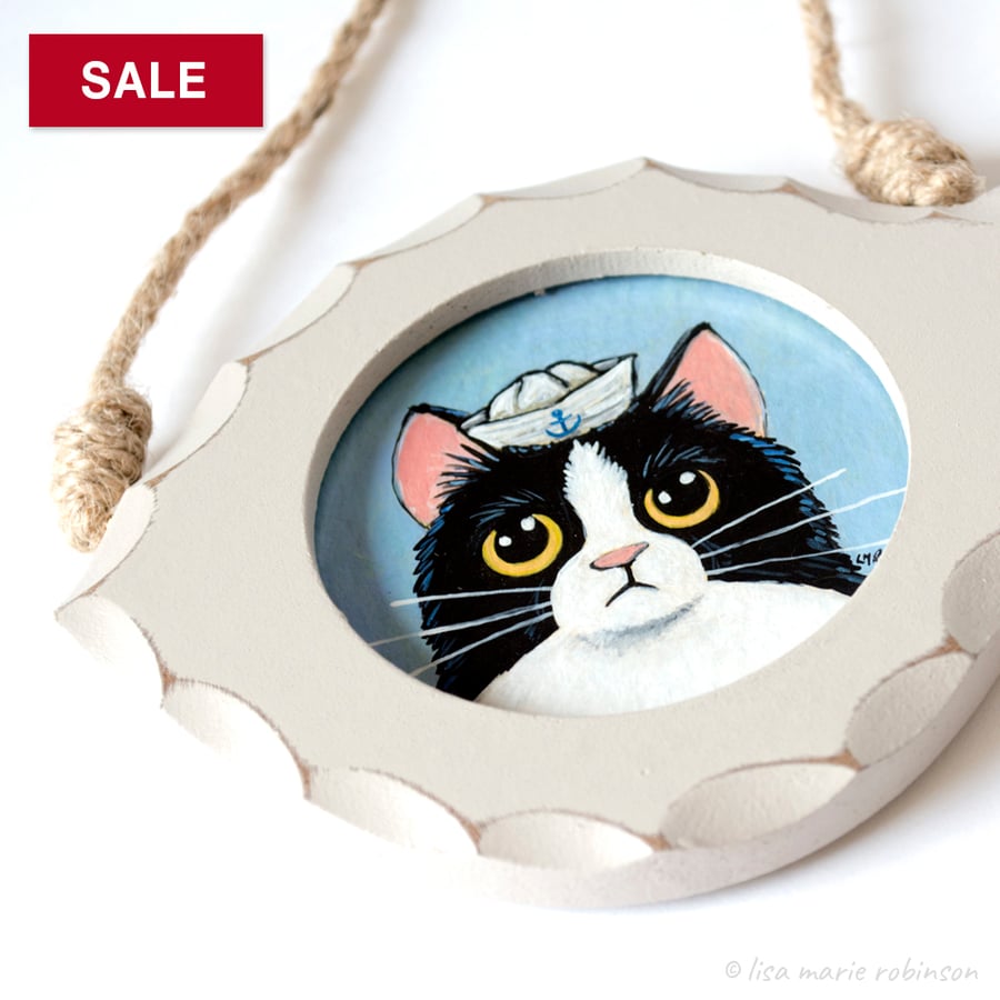 SALE Coco the Sailor Cat - Mini 3 inch Original Painting in Fish Frame