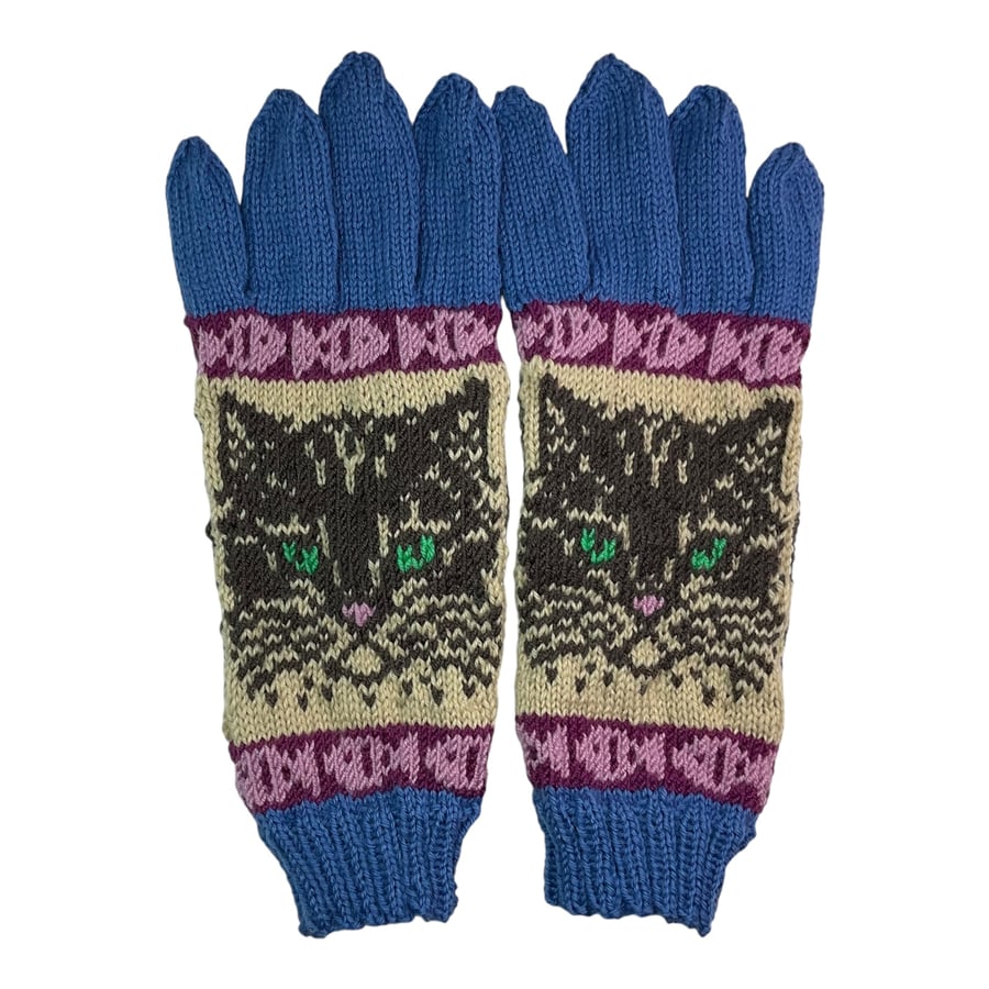  Gloves with cat hand knitted in merino wool, handmade gloves, cat lover gift