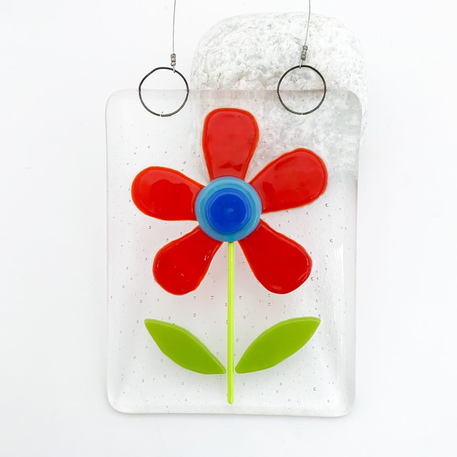 Fused Glass Red Flower Hanging - Handmade Fused Glass Suncatcher