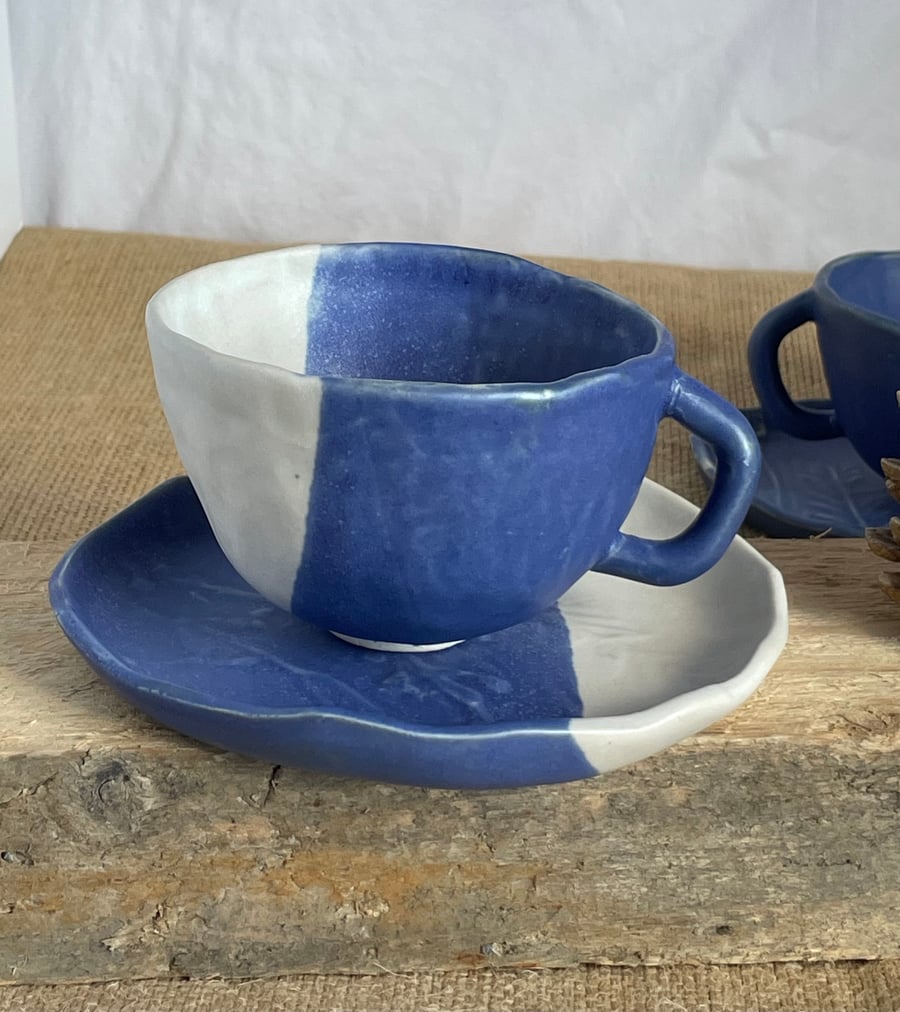 Handmade ceramic tea cup & saucer, blue&white pottery teacup, sale