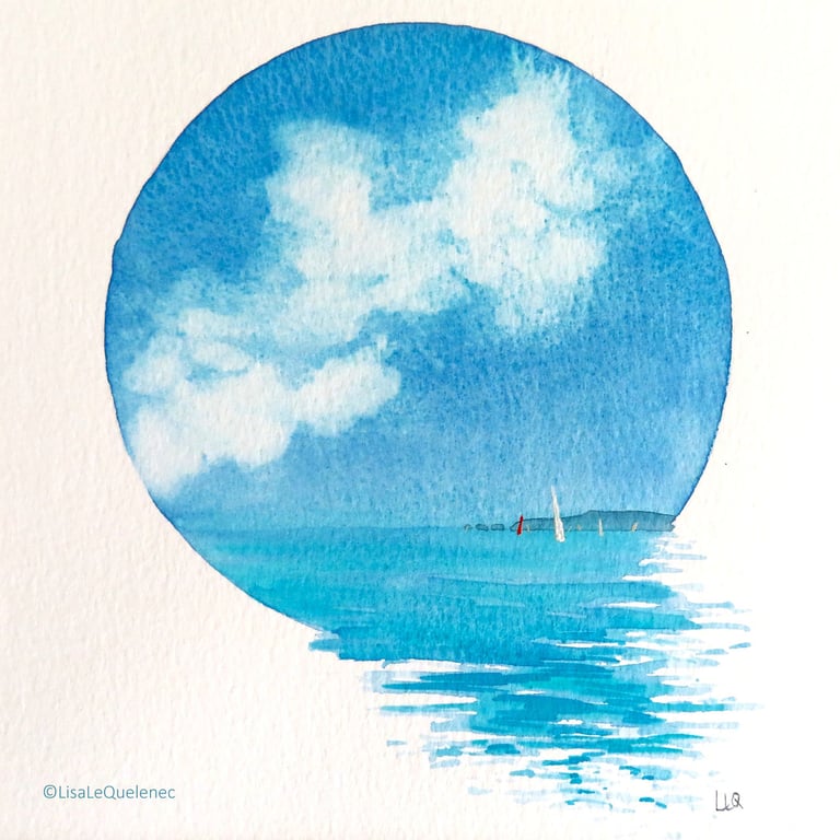 Red Sailboat II original watercolour vignette 