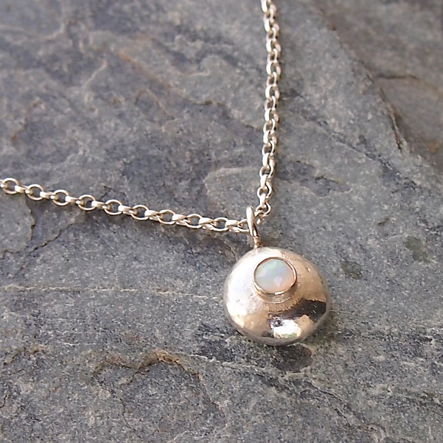 Silver Pebble Necklace with White Opal