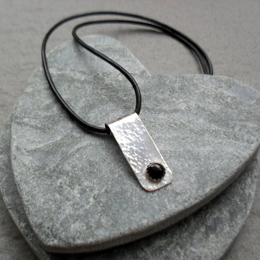   Sterling Silver Bar Drop Pendant With Black Leather Cord