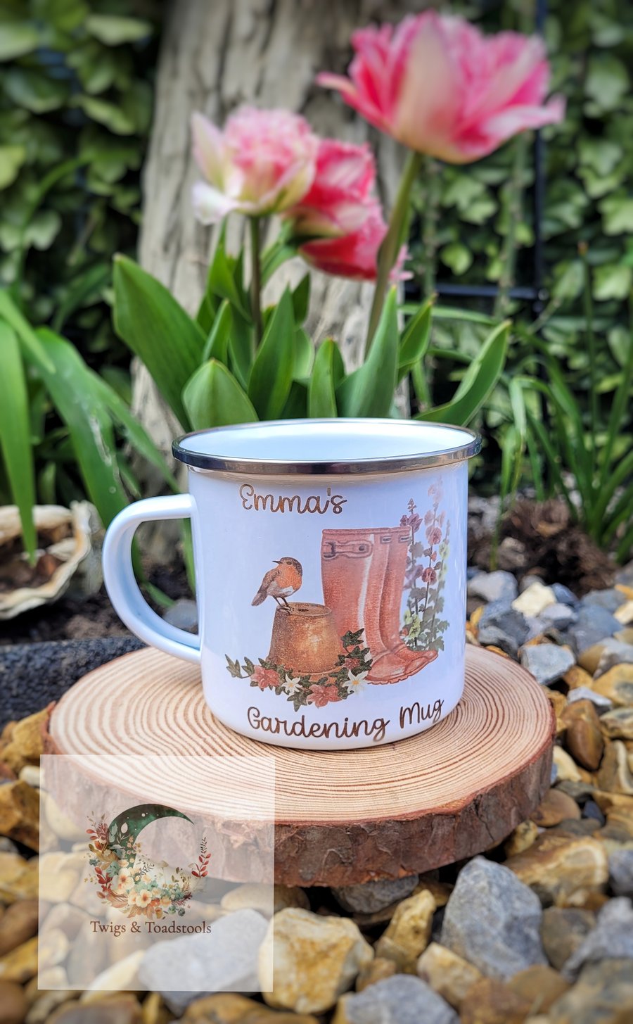 Personalised enamel gardening mug 
