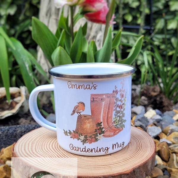 Personalised enamel gardening mug 