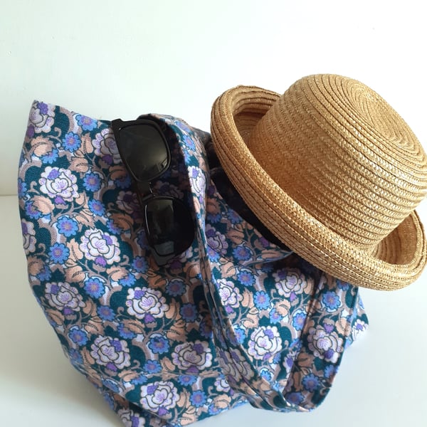 Beach bag shopping bag with both short and long handles vintage floral fabric