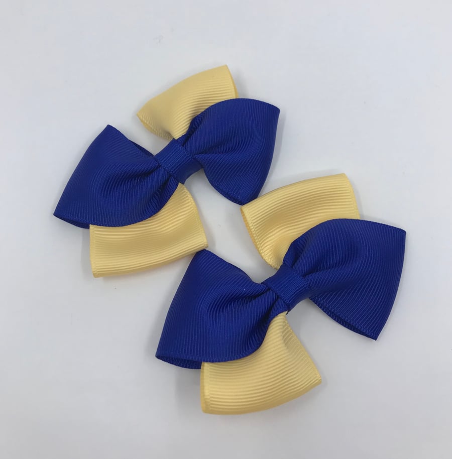 Cobalt Blue and Pale Yellow Diagonal Double with Bows on Clips (pair)