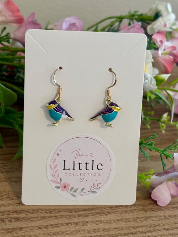 Handmade Bird Dangle Earrings, Enamel Bird Charms, Gold Plated Hooks, 