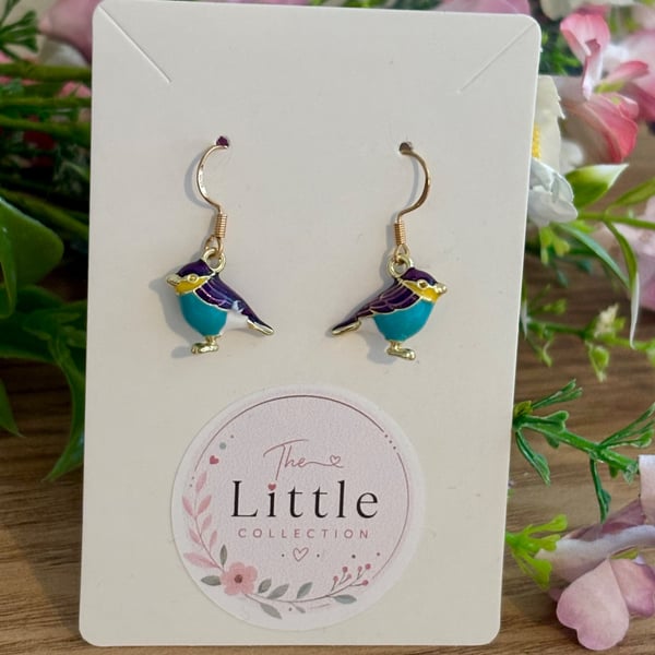 Bird Dangle Earrings, Enamel Bird Charms, Handmade Jewellery