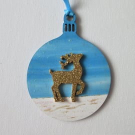 Christmas Tree Hanging Decoration Bauble Snow Scene Deer Stag Reindeer