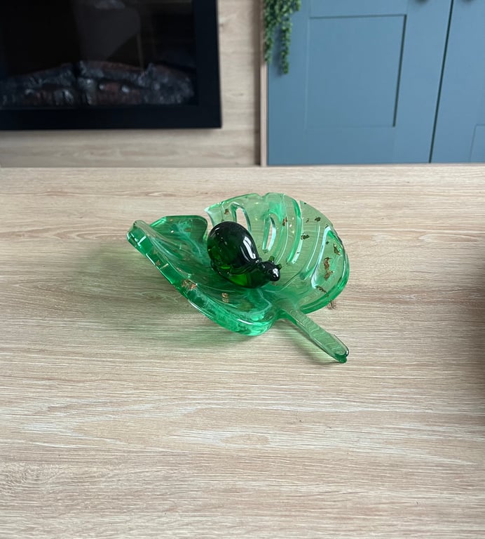 Resin Snail on Resin Monstera Leaf