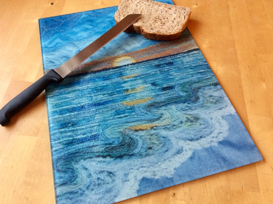 Sunset Seascape Glass chopping and work top saver. 