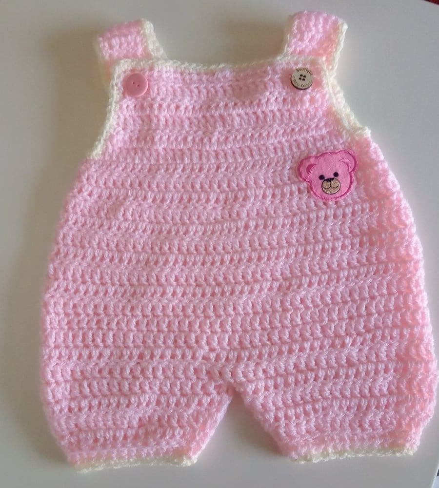 Handmade Crochet Pink Baby romper dugarees with teddy motif Knitwear