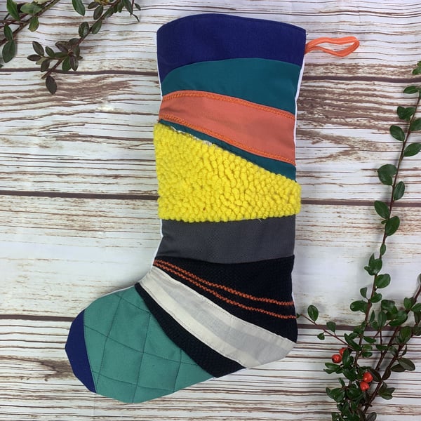 Bright Handmade Christmas Stocking- patchwork, cosy quilted, punch hook! Luxury 
