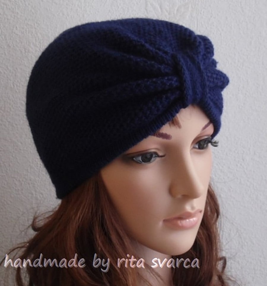 Navy blue turban for women, handmade winter turban hat, knitted top knot hat