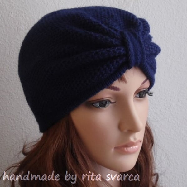 Navy blue turban for women, handmade winter turban hat, knitted top knot hat