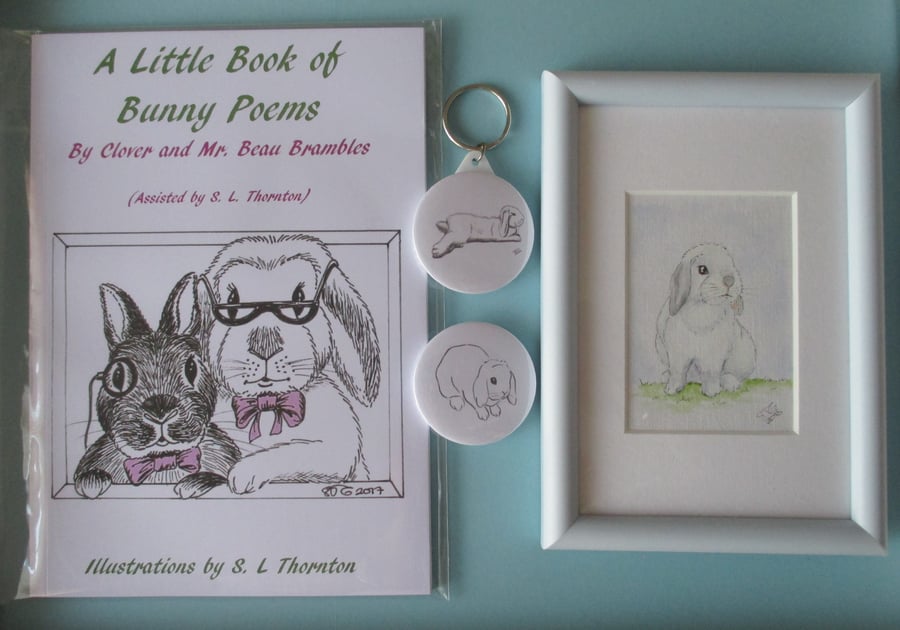 Gift Set Bunny Poetry Poems Book Original Rabbit Painting Badge Keyring