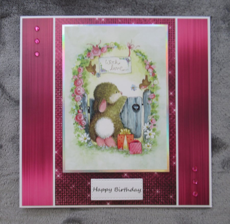 Cute Rabbit By The Garden Gate Large Birthday Card