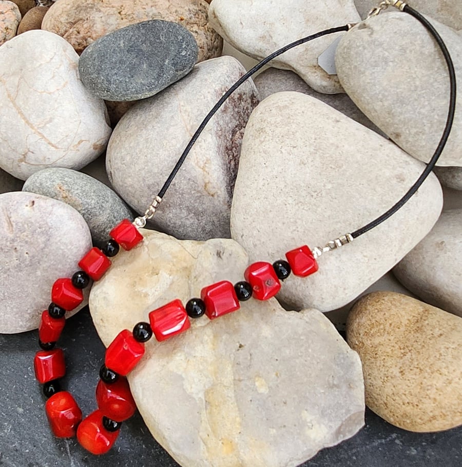 Red coral and black onyx necklace with sterling silver