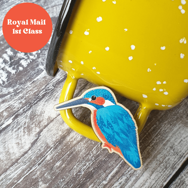 Kingfisher Wooden Pin Brooch