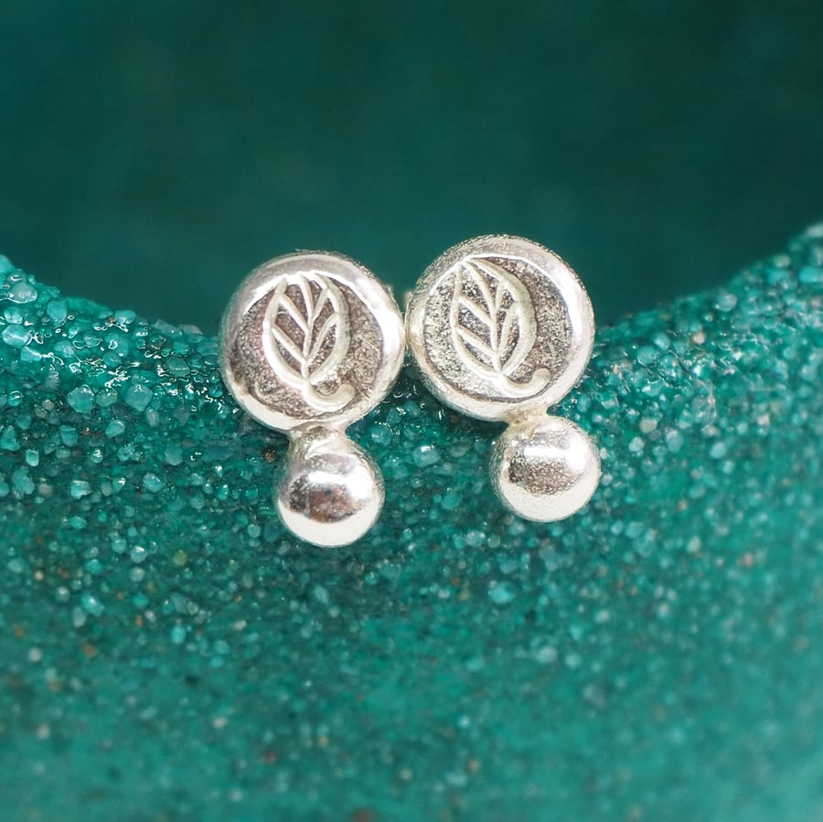 Recycled silver leaf earrings, small pebble earrings