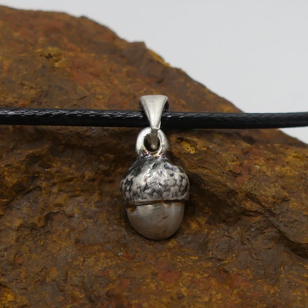Recycled Sterling Silver Real Acorn Mould Pendant Waxed Cotton Cord Necklace.