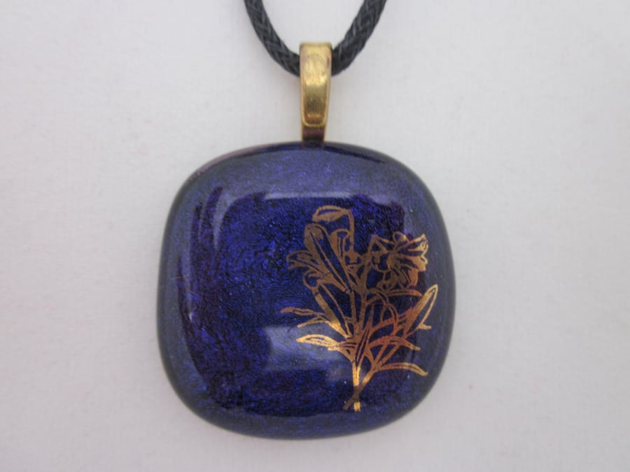 Handmade dichroic glass cabochon pendant - Purple with gold lilies