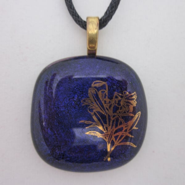 Handmade dichroic glass cabochon pendant - Purple with gold lilies