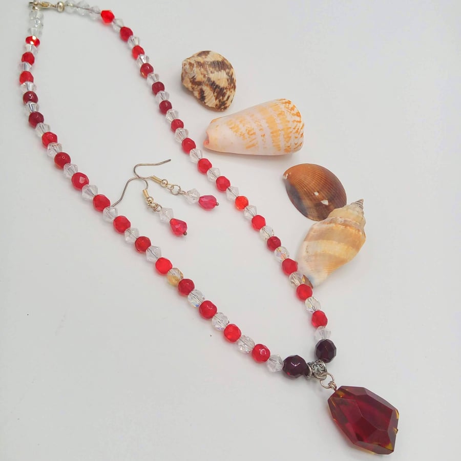Red and Clear Crystal Jewellery Set With Red Crystal Pendant, Mother's Day Gift