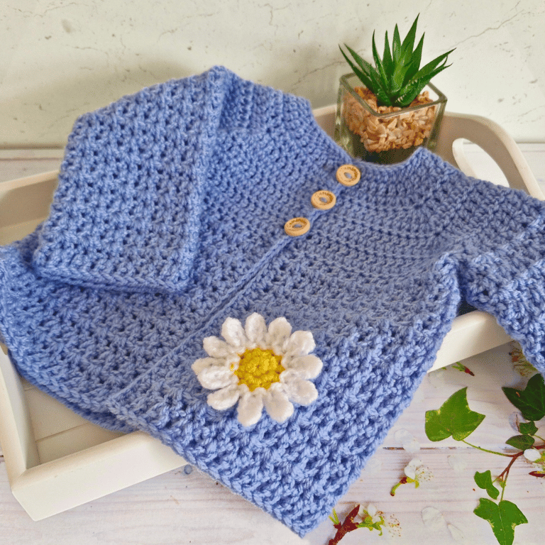 Handmade Daisy Cardigan 3-6 Months in Blue – Ready to Ship Baby Gift